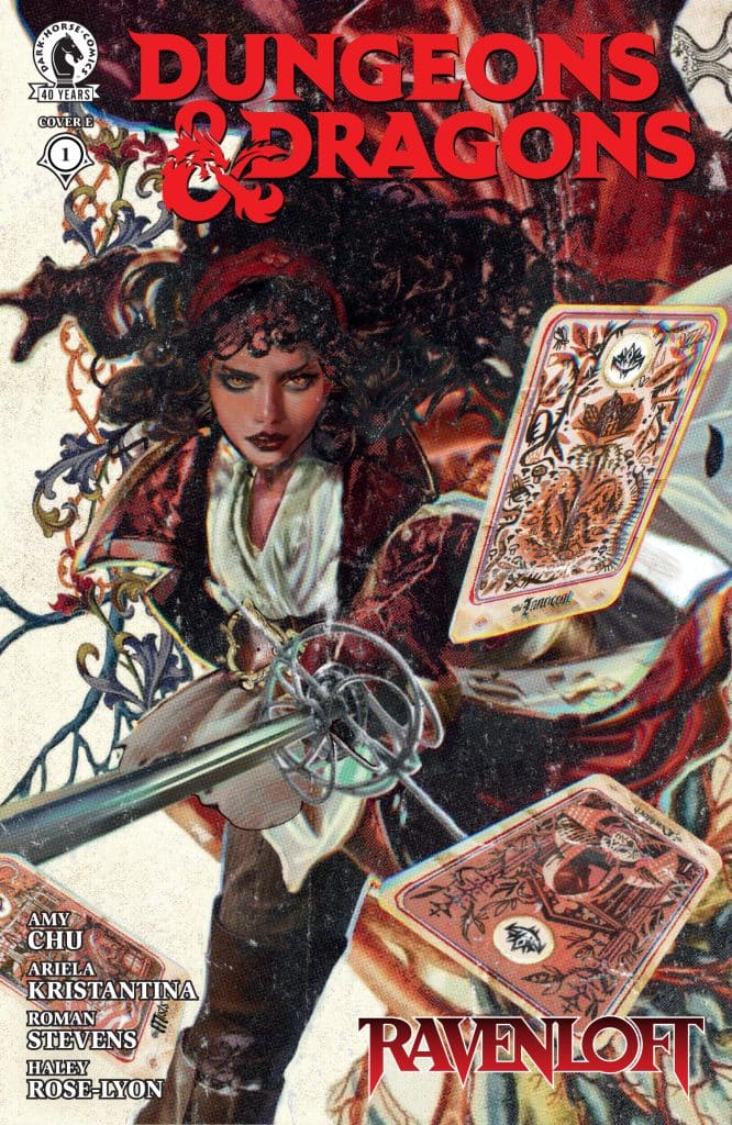 Cover of Dungeons & Dragons comic titled 'Ravenloft', featuring a character with dark curly hair and a serious expression, holding a sword, surrounded by ornate designs and playing cards.