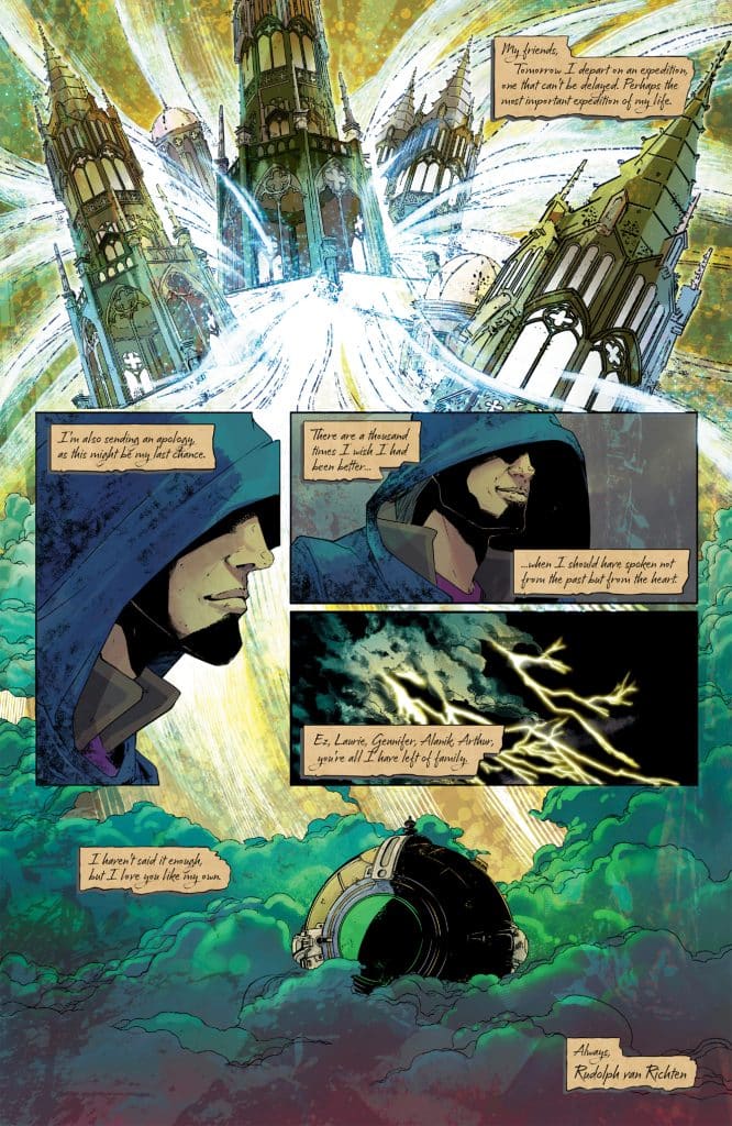 A comic page featuring a cloaked figure speaking to friends before an important expedition, surrounded by vibrant structures and mystical energy. The text conveys a heartfelt farewell and reflections on family.