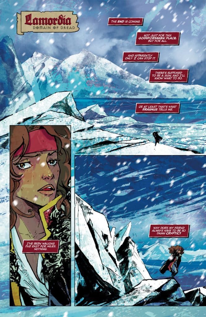 A comic book page titled 'Lamordia: Domain of Dread', featuring a character with a serious expression in a snowy landscape, discussing impending doom and cryptic advice from a friend.
