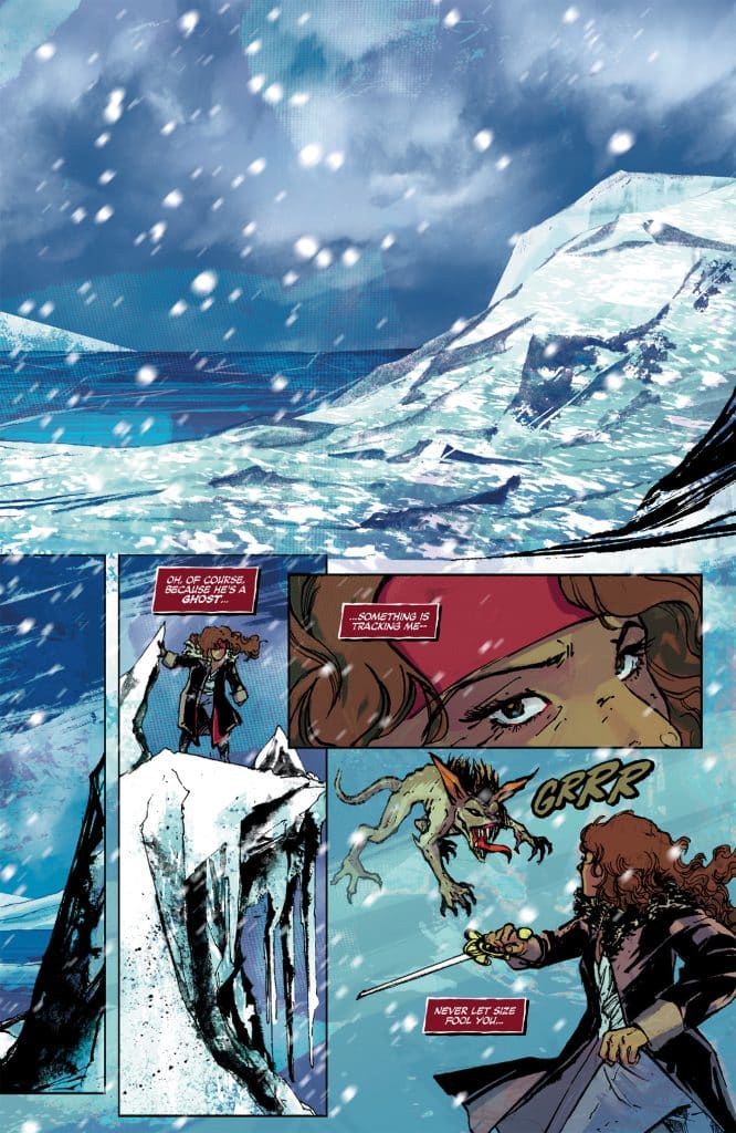 A snowy landscape featuring jagged ice formations and a dark sky. A character in a red bandana looks concerned, holding a sword, while a menacing creature lurks nearby, growling.
