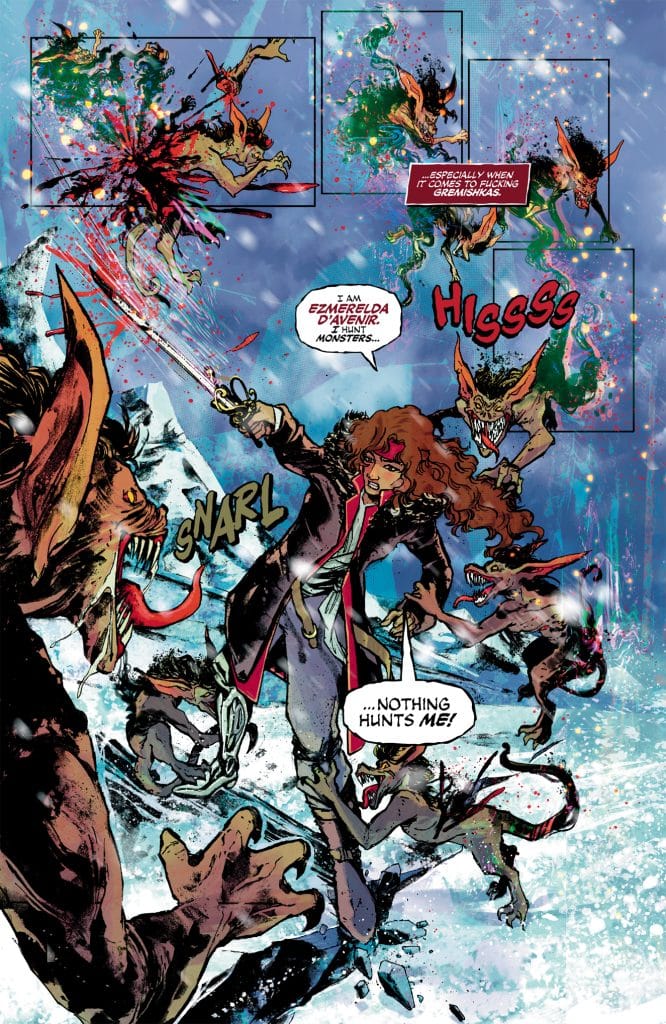 A comic book panel featuring a fierce female character named Ezmerelda D'Averin wielding a sword against monstrous creatures. The scene is dynamic, with elements of action and blood, emphasizing her declaration of hunting monsters.