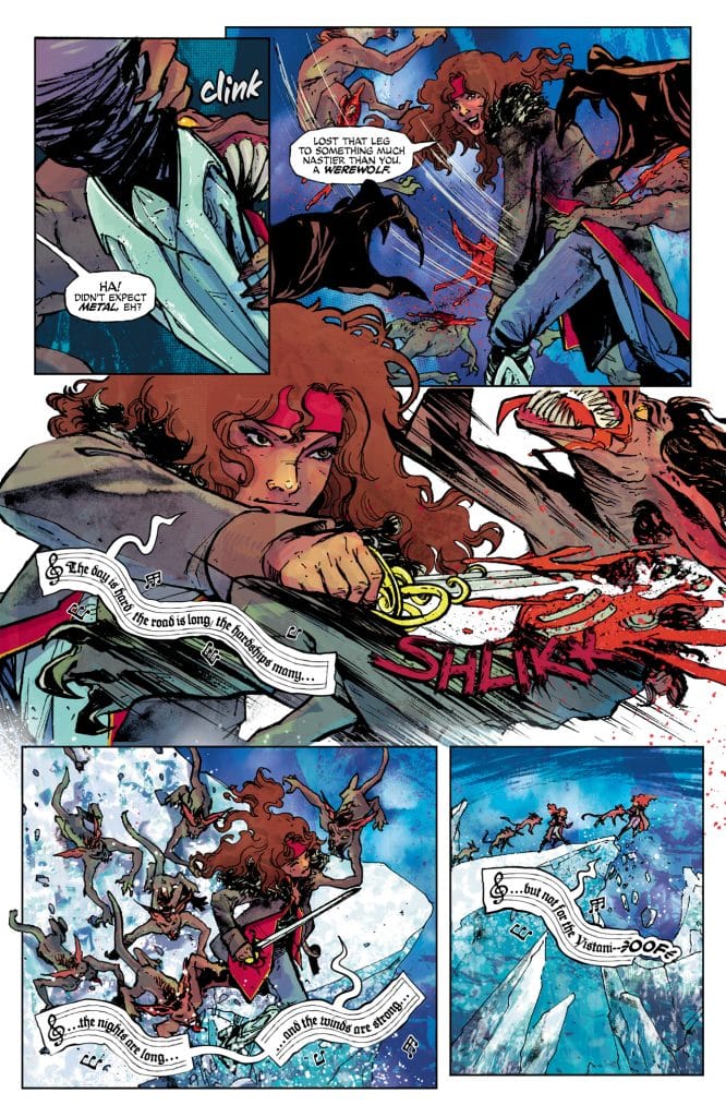 A comic book page featuring a fierce female character with long, curly hair wielding a sword during a confrontation with a werewolf-like creature, amidst dynamic action and blood splatter.