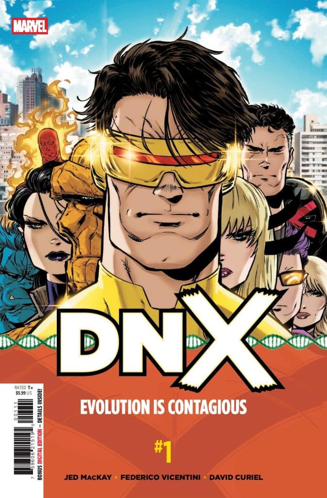 Comic book cover featuring a group of superheroes, including Cyclops in the foreground with glasses emitting light. The title 'DN X' is prominently displayed, along with the subtitle 'Evolution is Contagious' and issue number '#1'. The background includes a city skyline under a blue sky.