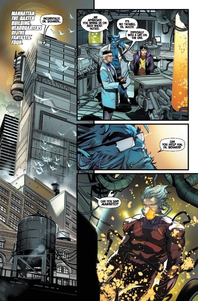 A scene set in the Baxter Building, headquarters of the Fantastic Four, featuring characters discussing a life-threatening situation. One character, Dr. Richards, is engaged in conversation with others, including a blue-skinned figure and a man in a purple jacket. The background shows a city skyline and machinery, emphasizing a scientific setting.
