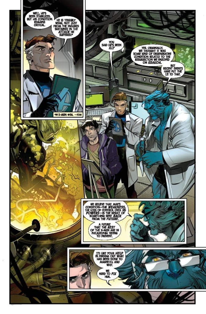 A comic book panel depicting characters engaged in a serious discussion in a scientific lab. One character, dressed as a doctor, holds a clipboard while explaining a critical condition. Another character, appearing worried, listens intently. A blue-skinned character is also present, analyzing information. A green liquid is seen in the background, suggesting a scientific or experimental setting.