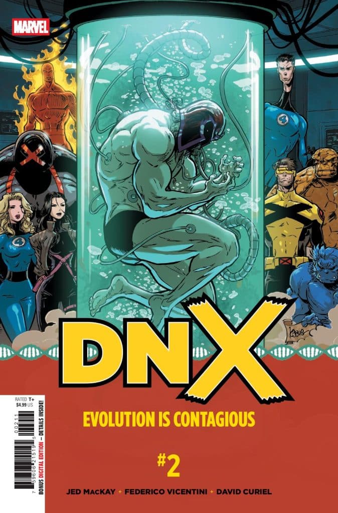 Cover of 'DNX #2' comic book featuring a character in a tank filled with liquid, with several superhero figures including a flame-wielding character and others in the background. The title 'DNX' is prominently displayed above.