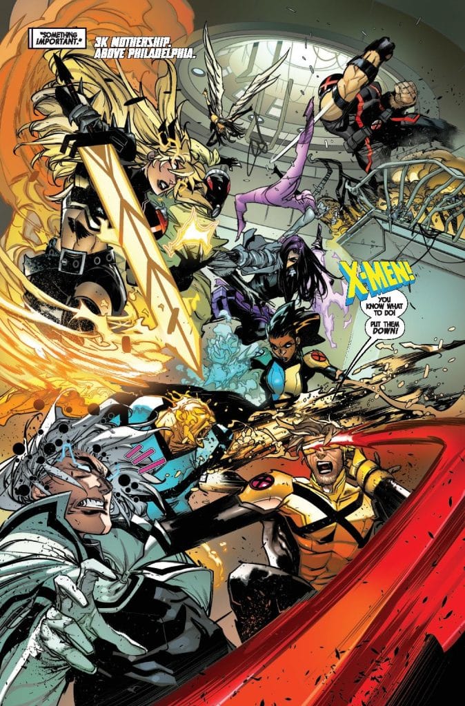 Action-packed comic scene featuring a fierce battle with various superheroes, including characters wielding weapons and using powers, set in a dynamic environment.