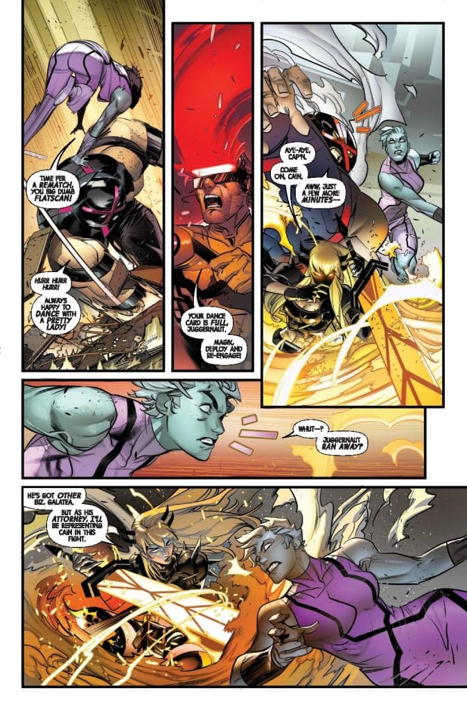 A comic book page depicting a chaotic battle scene with multiple characters engaging in combat. One character is attacking another with a sword, while another is expressing surprise. The setting features dynamic action with explosions and energy effects.