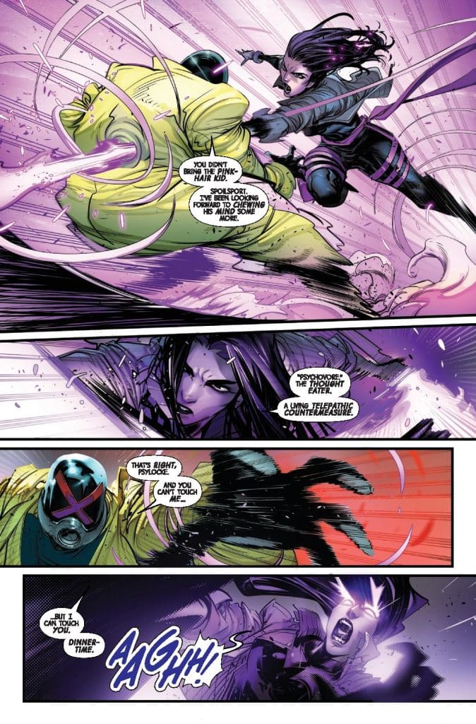 A comic book panel showing a dynamic fight scene between a female character with dark hair and a male character in a yellow suit with a mask. The female character appears to be attacking the male character, who expresses surprise. Speech bubbles convey their dialogue about mind control and psychic abilities, adding to the tense atmosphere.