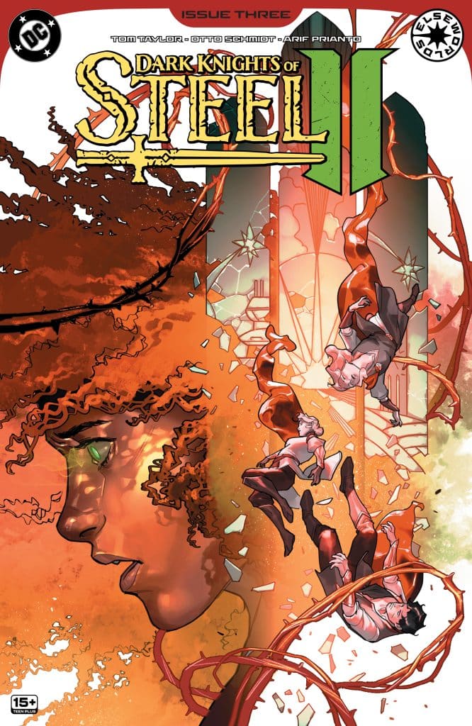 Comic book cover for 'Dark Knights of Steel', Issue Three, featuring a large profile of a character with curly hair and green eyes, surrounded by swirling red vines and falling figures.
