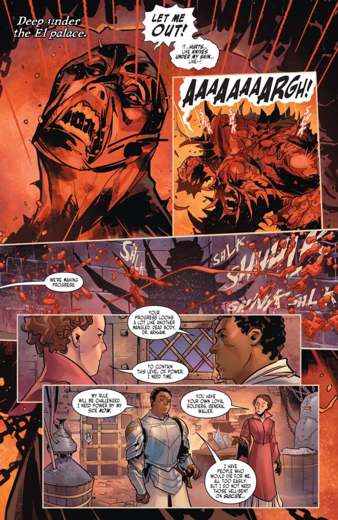 A comic panel depicting a character in distress, screaming 'LET ME OUT!' while a companion observes. The background shows a dark, ominous setting with red hues and jagged lines, suggesting tension and danger. Additional panels feature dialogue indicating a power struggle and the need for control.