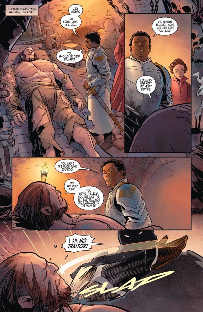 A scene depicting a tense confrontation between characters in a dimly lit dungeon. One character is chained and appears injured, while others stand nearby, including one in armor and a female character. Dialogue reveals the themes of loyalty and betrayal.
