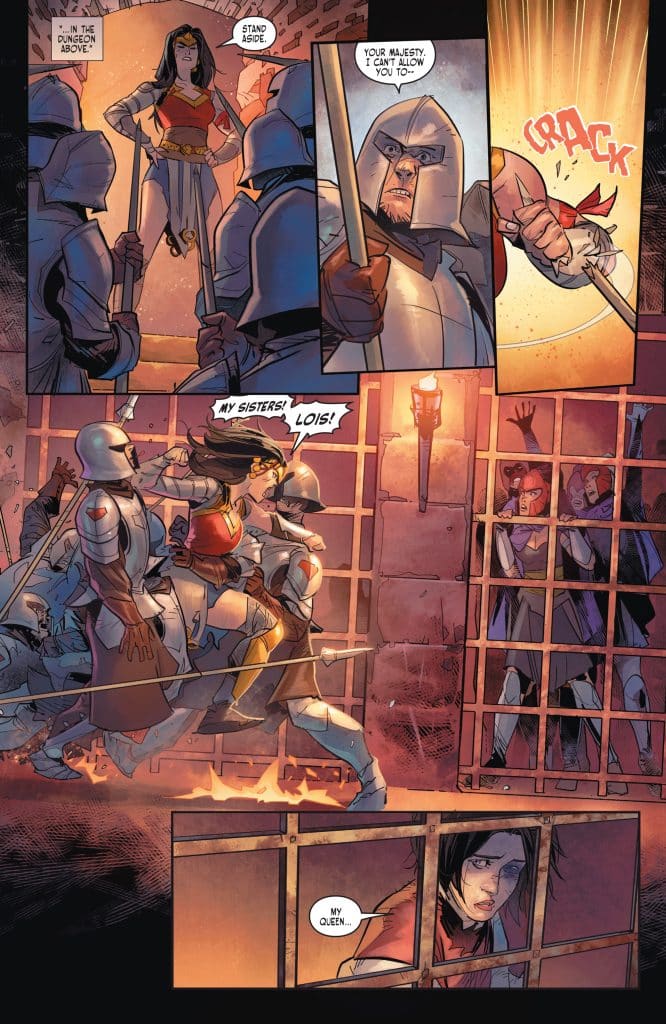 A comic book panel showing a heroic character in armor confronting guards. The character commands them to stand aside while a fight breaks out, indicated by the sound effect 'CRACK.' In the background, a distressed character in a cell calls for 'My Queen' and another character shouts about their sisters.