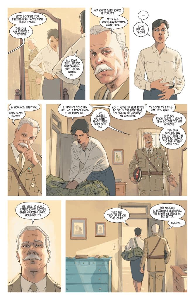 A comic strip featuring two male characters in military uniforms engaging in a dialogue. The first character, with a mustache, appears to be an officer giving instructions, while the second character looks uncertain and is packing a bag. A female character participates in the conversation, indicating a serious situation.