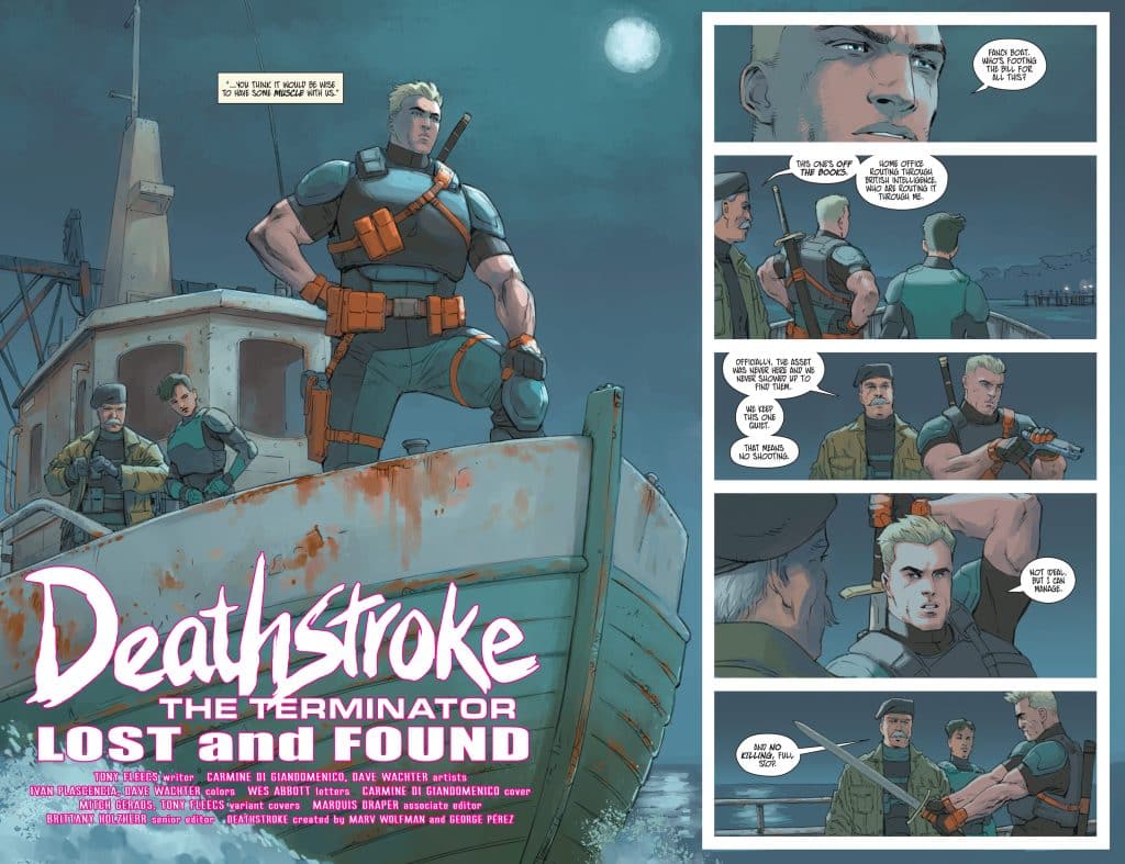 A comic book page featuring Deathstroke standing on a boat, dressed in tactical gear with weapons. Two other characters are engaged in a serious conversation, highlighting themes of conflict and strategy.