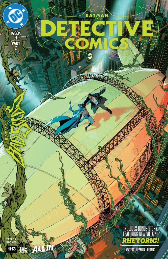 Comic book cover featuring Batman in Detective Comics, with Batman in blue and black costume facing an adversary on a green and futuristic cityscape. The title 'DETECTIVE COMICS' is prominently displayed, and vines are creeping across a large structure in the background.