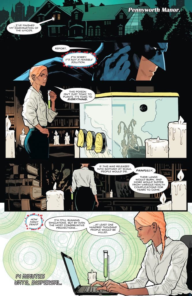 A scene at Pennyworth Manor featuring a woman with short hair in a white shirt analyzing a toxic substance while a shadowy figure resembling Batman listens. The background shows a library with lit candles and a dangerous liquid in a glass container, emphasizing a tense discussion about the potential consequences of releasing the toxin into Gotham.