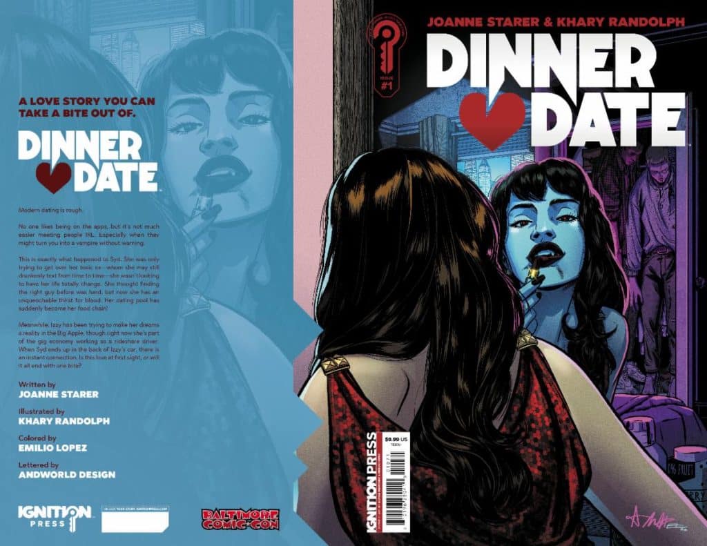 Cover of the comic book 'Dinner Date' featuring a dark-haired woman applying lipstick while looking at her reflection. The background includes a colorful, stylized image of a man standing in a doorway. The title 'DINNER ♥ DATE' is prominently displayed at the top.