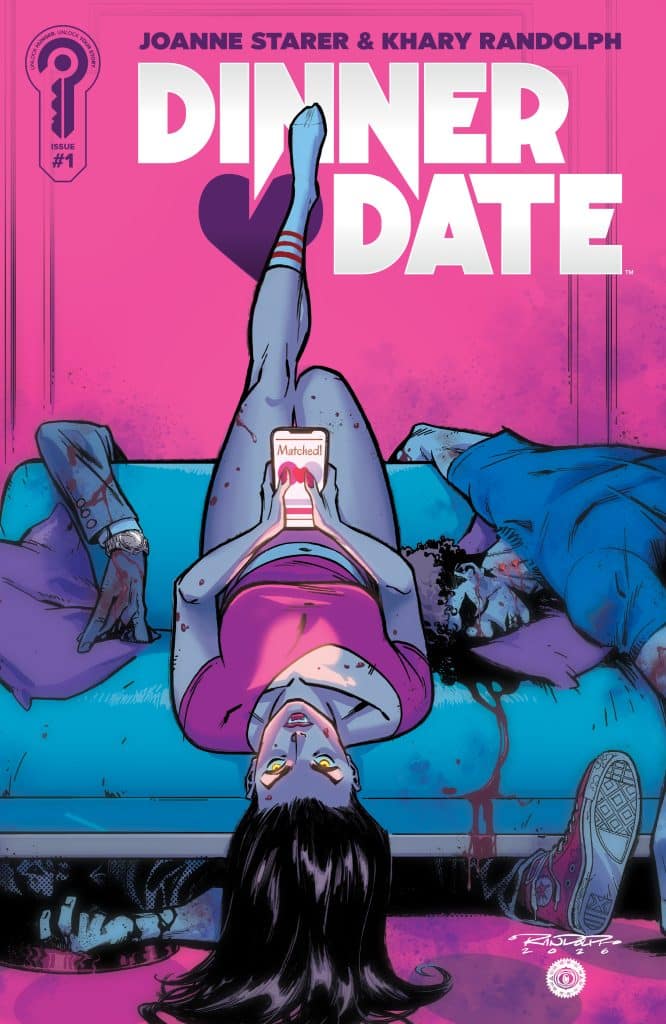 A comic book cover featuring a woman in a pink top lounging upside down on a couch, looking at her phone with a satisfied expression. The background illustrates a chaotic scene with hints of horror, including blood and a body on the floor, emphasizing a dark humor theme.