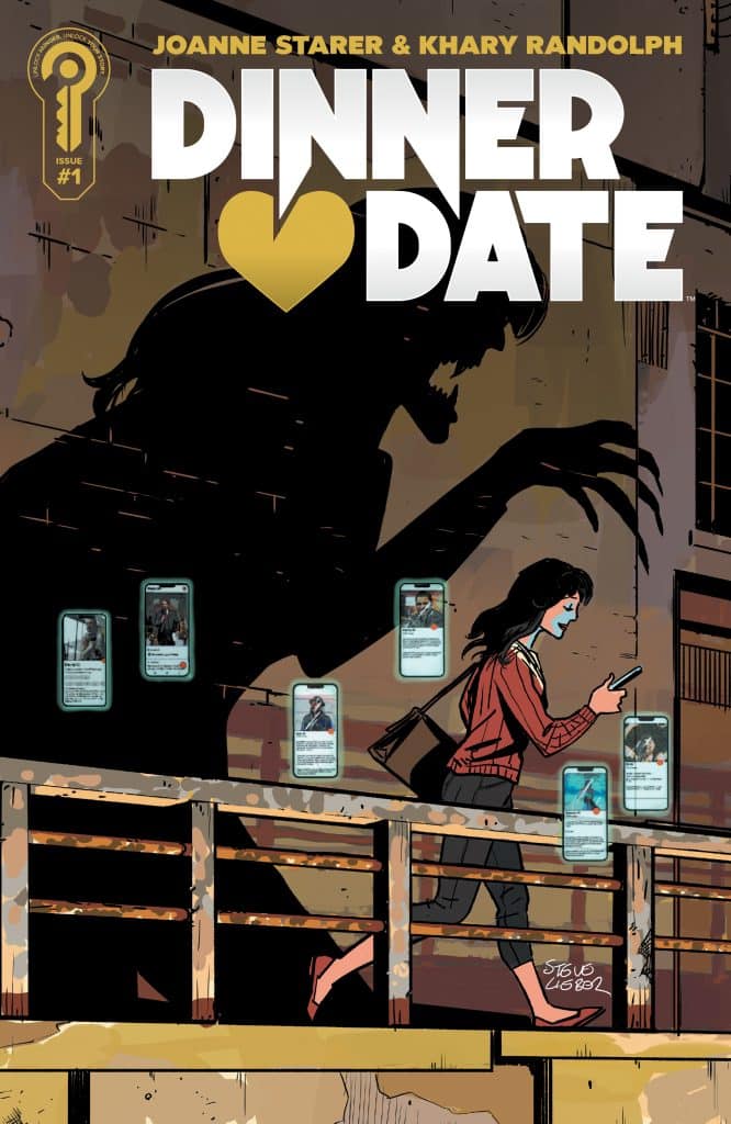 Cover of the comic book 'Dinner Date' featuring a woman walking on a bridge, looking at a smartphone, while a large shadowy figure looms behind her. Various image cards are displayed around her, suggesting a game-like element.