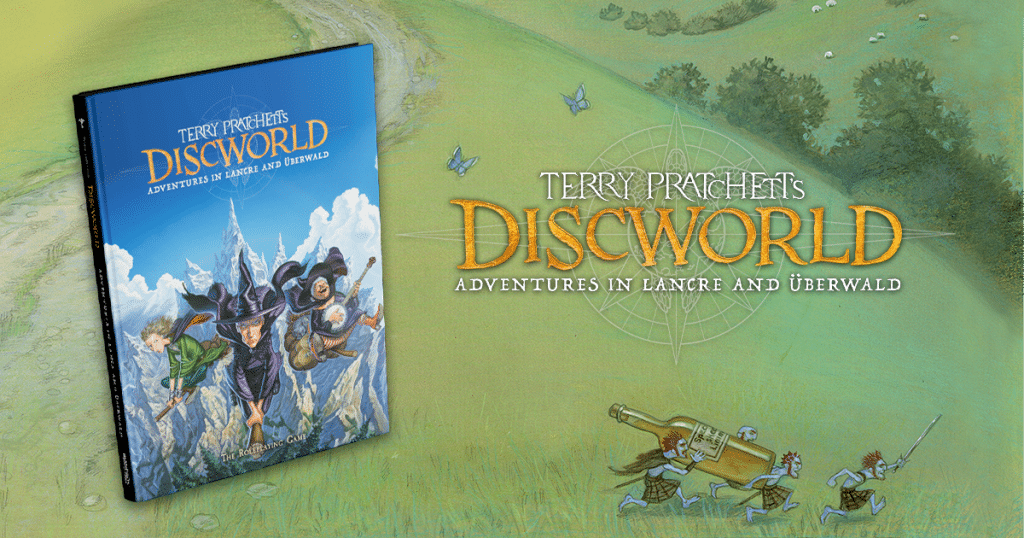 Cover of Terry Pratchett's Discworld: Adventures in Lancre and Uberwald, featuring a whimsical illustration of characters in colorful attire with mountains and grassy hills in the background.