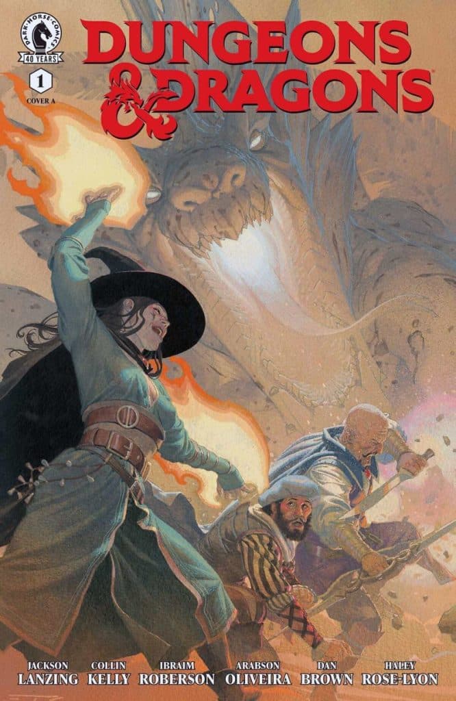 Cover art for Dungeons & Dragons comic issue #1 featuring three adventurers battling a dragon, with vibrant flames and dramatic poses.