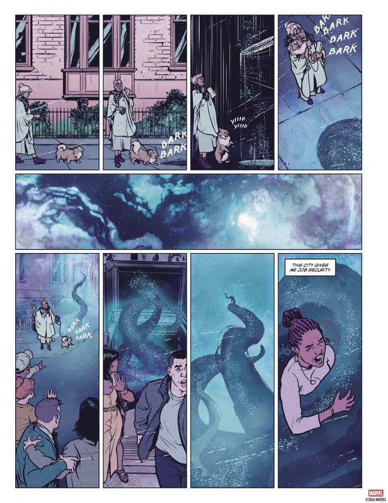 A comic page featuring a woman walking her dog at night, with dialogue indicating the dog's barking. She encounters a mystical, swirling cosmic phenomenon that appears to be an octopus-like creature. Other characters are shown reacting in surprise, with one woman expressing a humorous view on the city's chaos.