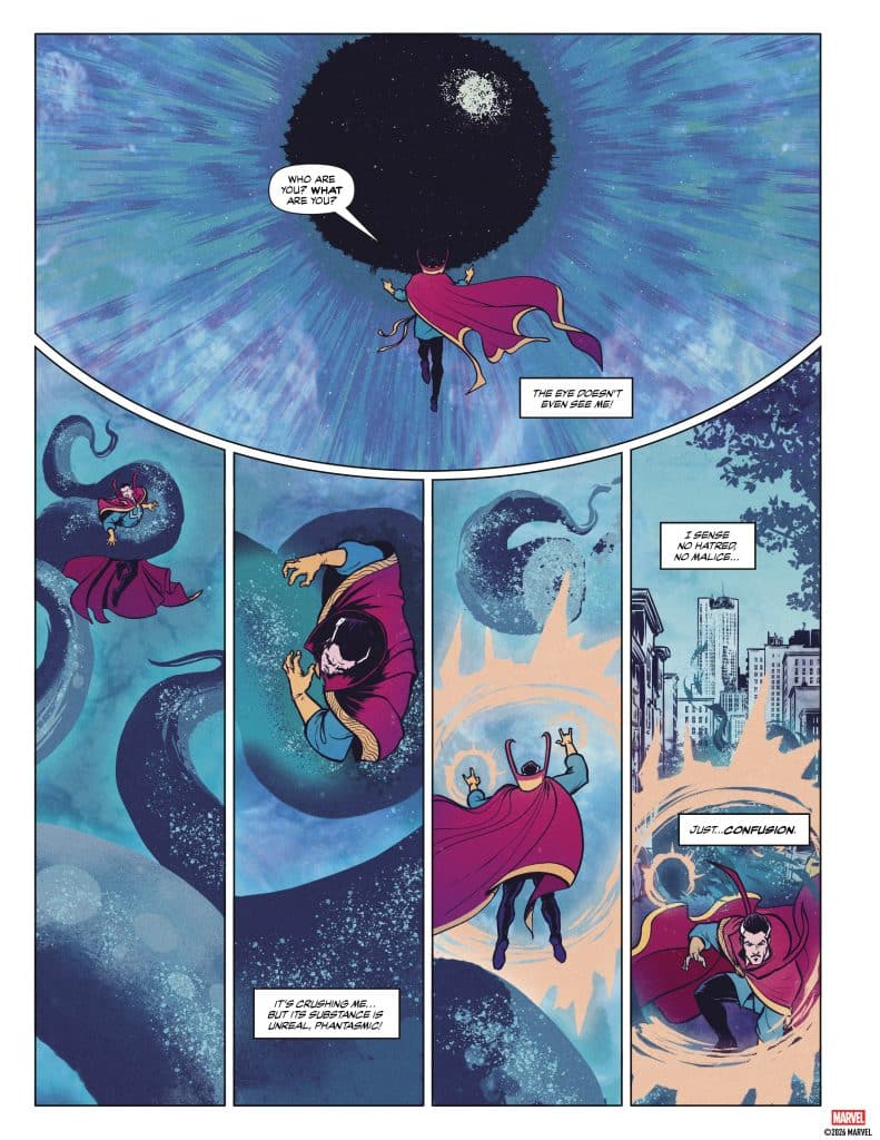 A comic panel featuring a character in a cape flying through a swirling cosmic background. The character expresses confusion and curiosity about their surroundings. Speech bubbles contain dialogue asking questions and reflecting on their situation.