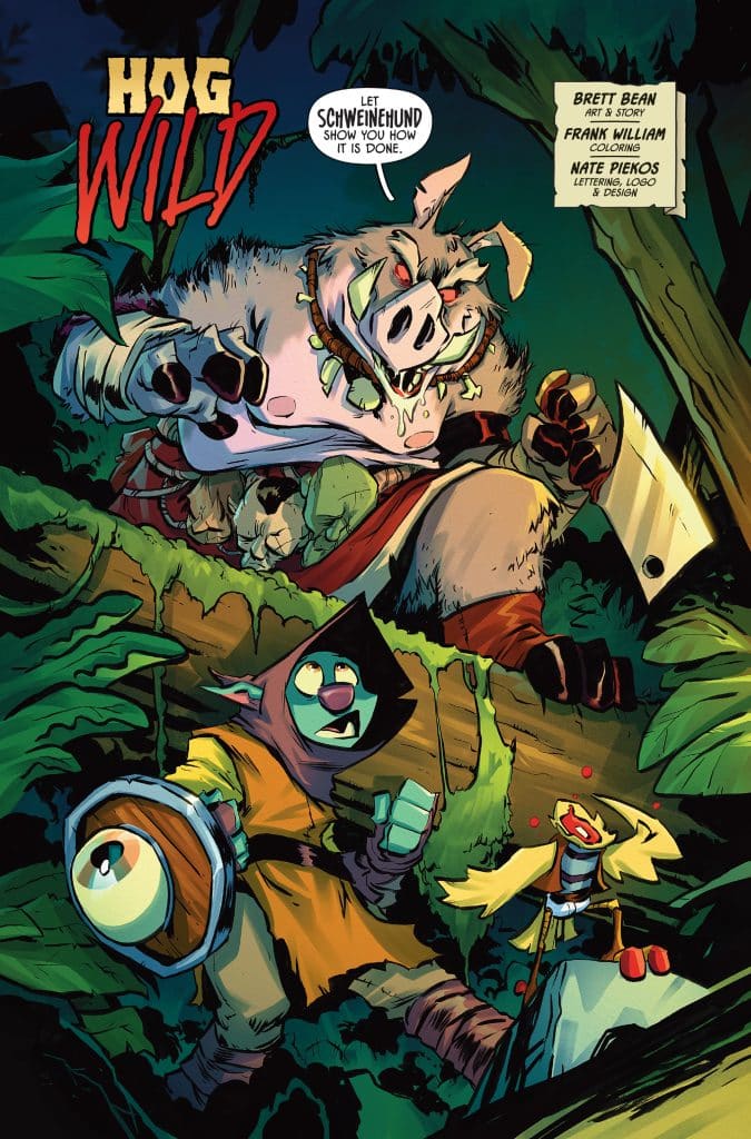 A comic cover titled 'Hog Wild', featuring a large, menacing boar in the foreground, holding a weapon, surrounded by dense green foliage. In the background, a small, frightened creature with a shield and two allies, a colorful bird, and another creature looking surprised. The title and character dialogue are prominently displayed.