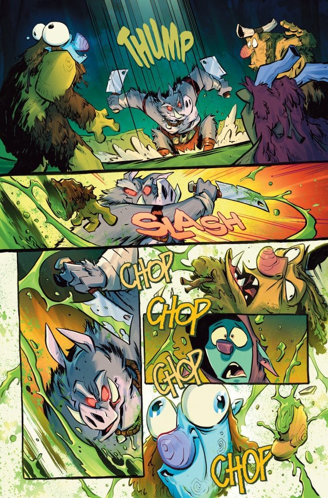 A colorful comic panel featuring a chaotic scene with anthropomorphic creatures. One character is wielding an axe and appears to be attacking, while others react with surprise and fear. Sound effects like 'THUMP,' 'SLASH,' and 'CHOP' are depicted in bold lettering, adding to the action.