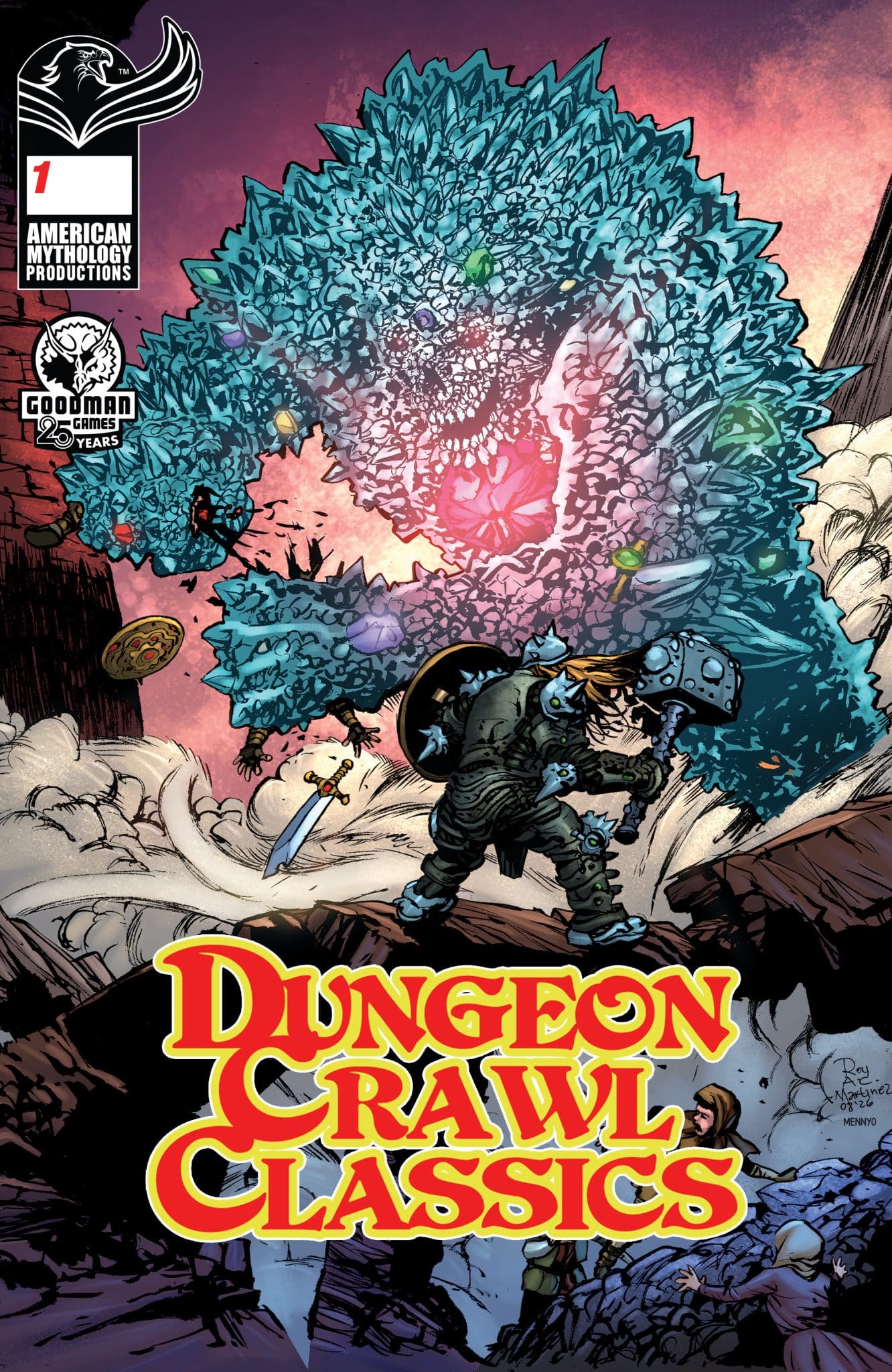 Comic book cover featuring a large, colorful monster among a dramatic background, with a small character wielding a weapon in the foreground; titled 'Dungeon Crawl Classics'.