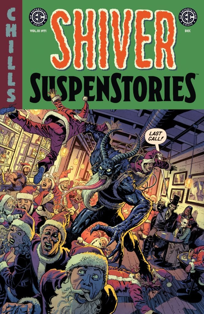 Cover of 'Shiver SuspenStories' comic book featuring a chaotic holiday scene with a demonic creature among frightened partygoers wearing Santa hats.