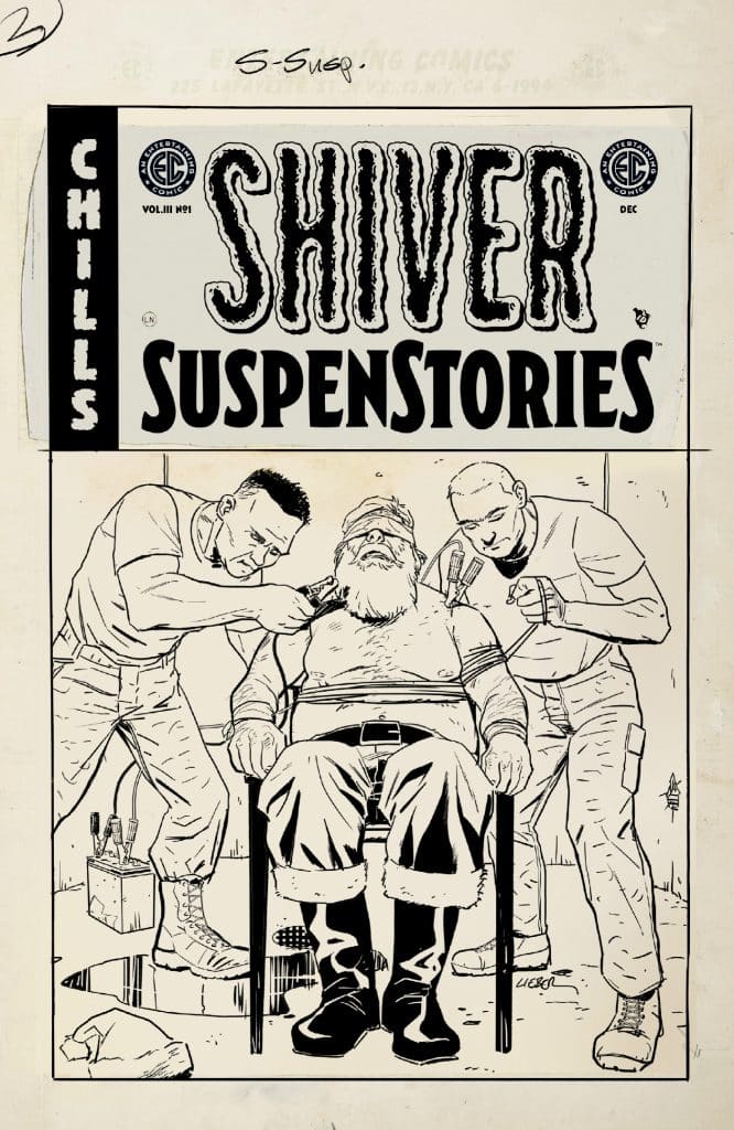 Cover illustration of Shiver Suspense Stories comic, featuring two men restraining a bearded man in a chair while preparing a medical procedure.