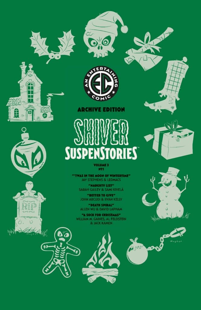 Cover of 'Shiver SuspenStories' Volume 3, featuring a green background with various Halloween and winter-themed illustrations, including a haunted house, skeleton, snowman, and Christmas gift, along with titles and author names.