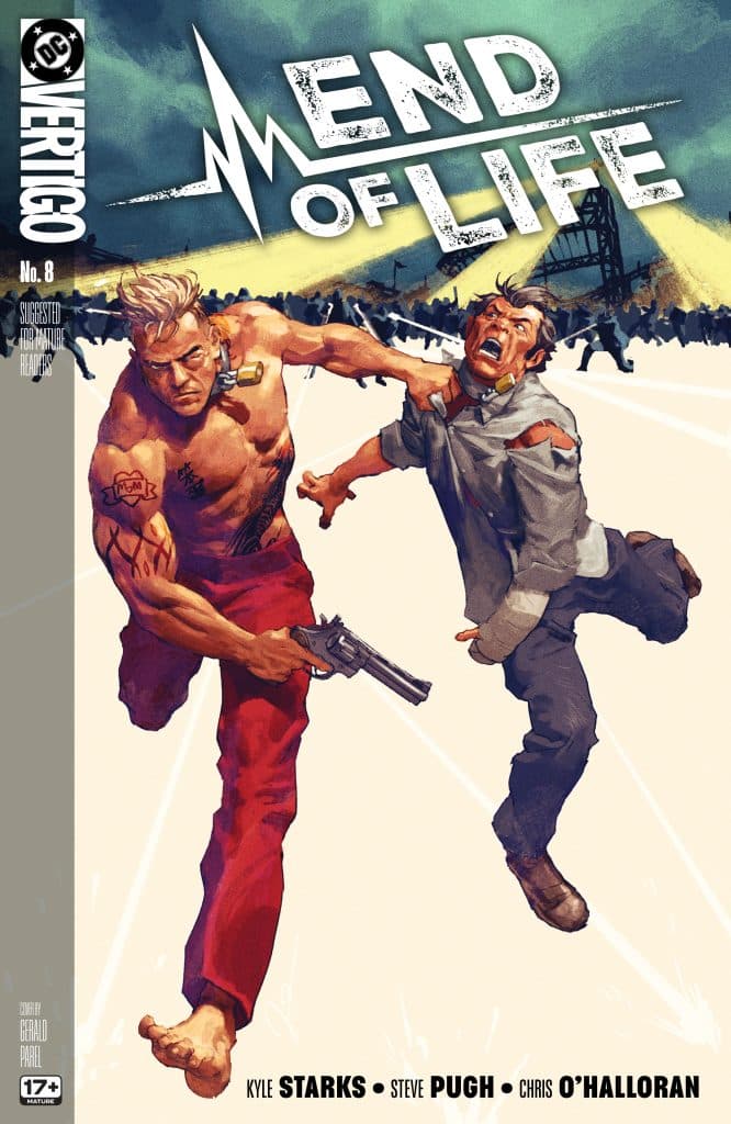 Cover of 'Mend of Life' comic, featuring a muscular man in a tank top holding a gun and confronting a distressed man in a torn shirt, set against a dramatic background.