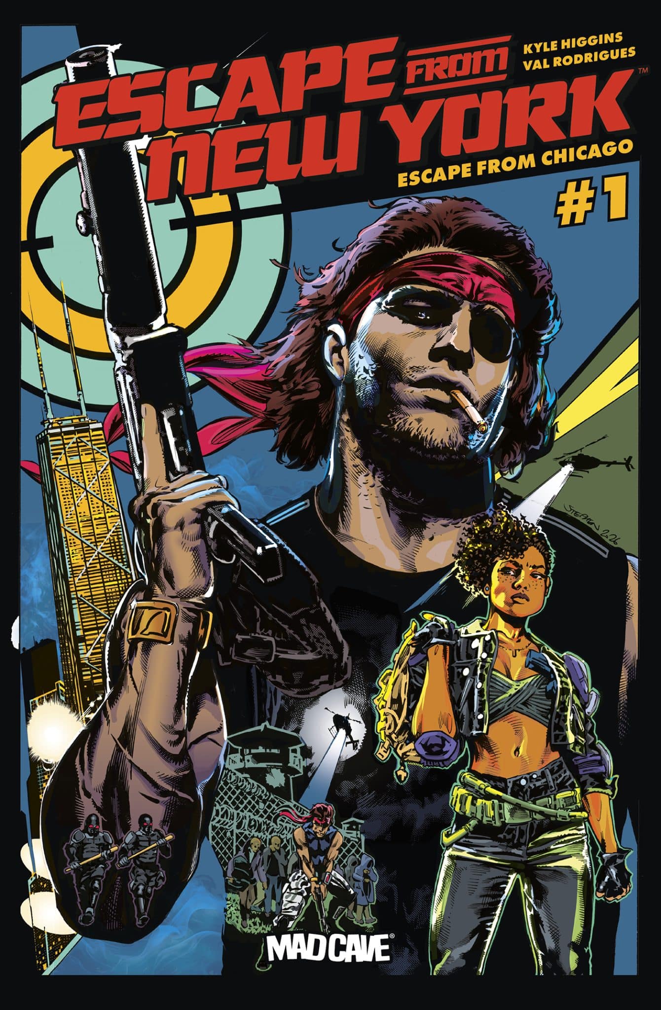 Comic book cover titled 'Escape from New York: Escape from Chicago #1' featuring a rugged man with a gun and a cigarette, along with a woman in a leather outfit, set against a stylized city skyline.