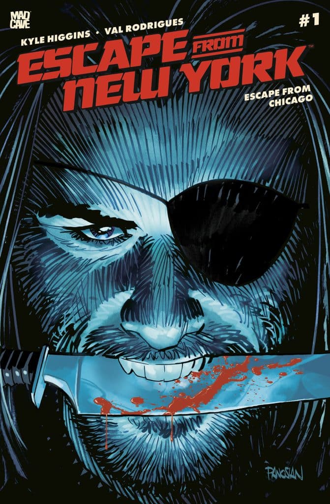 Comic book cover for 'Escape from New York' #1 featuring a close-up of a grim-faced character with a knife dripping blood, wearing an eye patch.