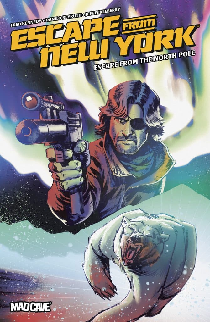 Comic book cover for 'Escape from New York: Escape from the North Pole' featuring a rugged character with long hair and an eye patch, pointing a gun. A fierce polar bear is depicted below him against a colorful, dynamic background.