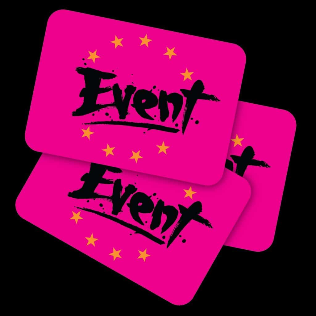 Three pink event cards with the word 'Event' in bold black lettering surrounded by yellow stars.