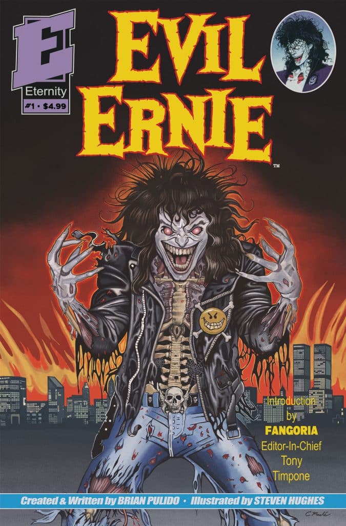 Cover of the comic book 'Evil Ernie', featuring a skeletal character with wild hair in a leather jacket, set against a backdrop of burning buildings and a dark sky. The title is prominently displayed in yellow, and there's an inset image of the character in a circular frame.