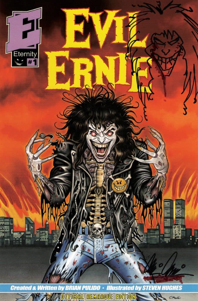 Cover art of 'Evil Ernie' comic featuring a character with wild hair, a skeletal outfit, and a black leather jacket, set against a fiery background with a city skyline.