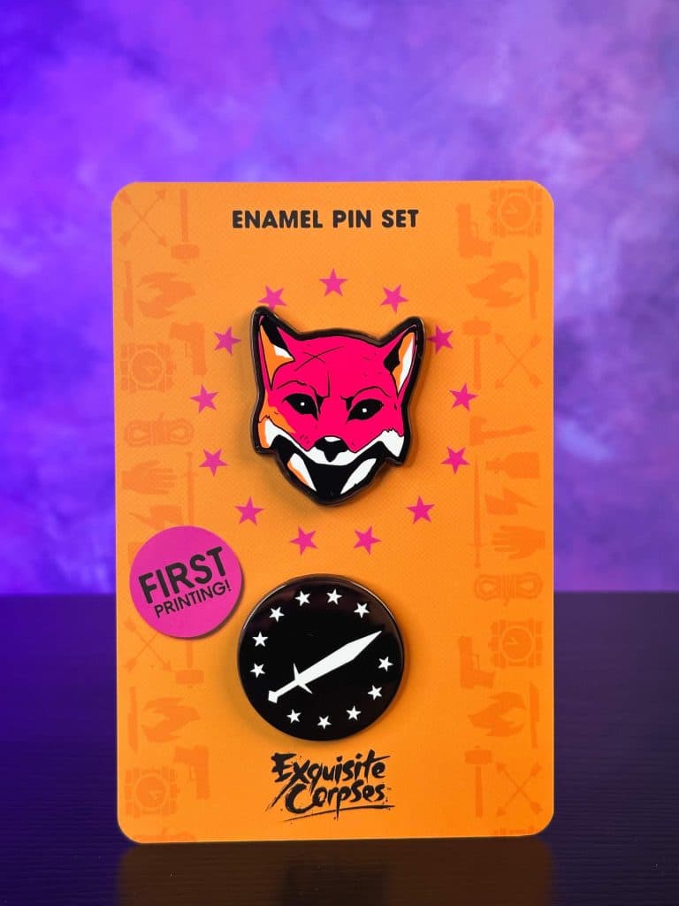 A vibrant enamel pin set featuring a stylized pink fox head and a black round pin with a sword logo, displayed on an orange card that reads 'ENAMEL PIN SET' and 'FIRST PRINTING!' at the top, with a graphic design background.