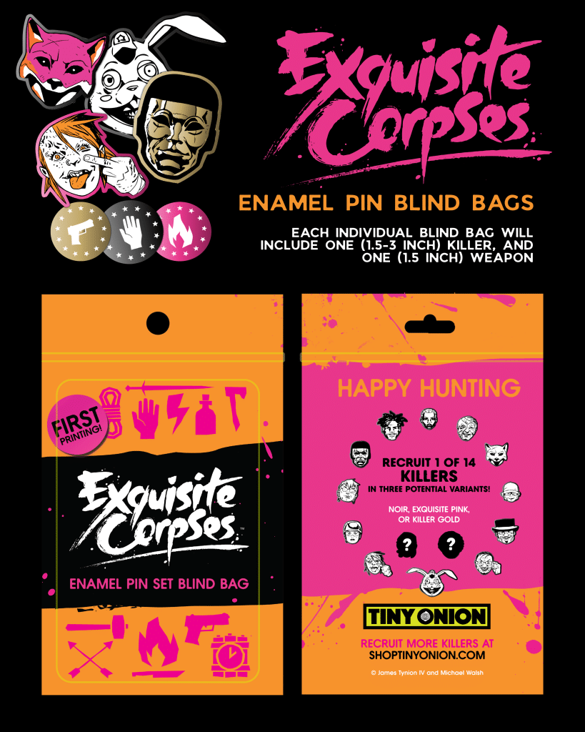 Graphic design for 'Exquisite Corpses' enamel pin blind bags, featuring various characters and icons related to the theme. The design includes text promoting happy hunting and recruiting killers in different variants.