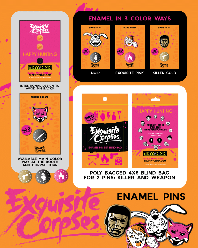 Promotional image for 'Exquisite Corpses' enamel pins featuring various designs, including 'Noir', 'Exquisite Pink', and 'Killer Gold'.