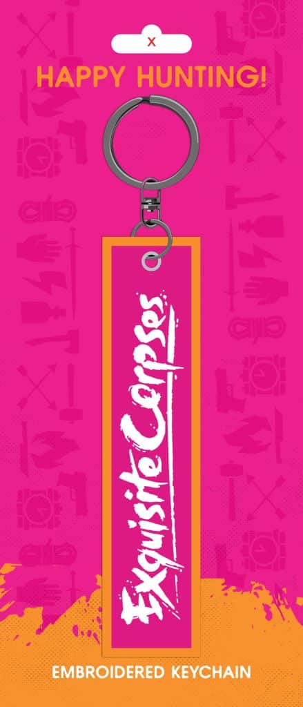Colorful packaging featuring an embroidered keychain with the text 'Exquisite Corpses' on a bright pink background. The design includes playful graphics in the background and the phrase 'HAPPY HUNTING!'