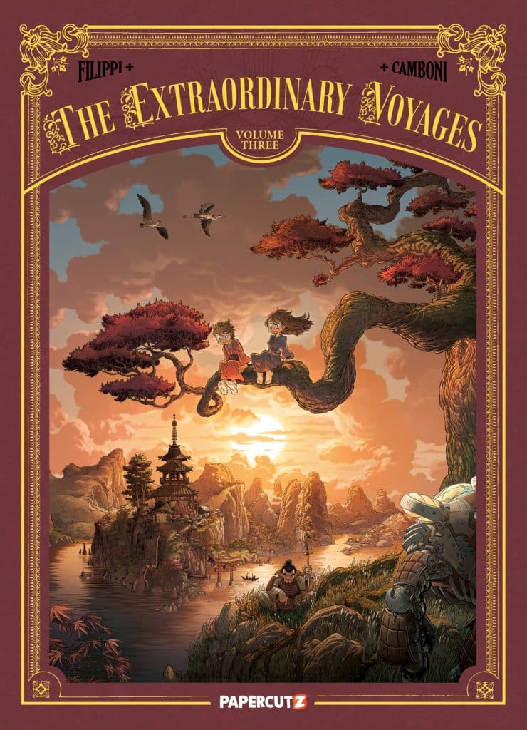 Cover of 'The Extraordinary Voyages Volume Three', featuring whimsical illustrations of children sitting on a tree branch, with a stunning sunset landscape including mountains and a pagoda in the background.