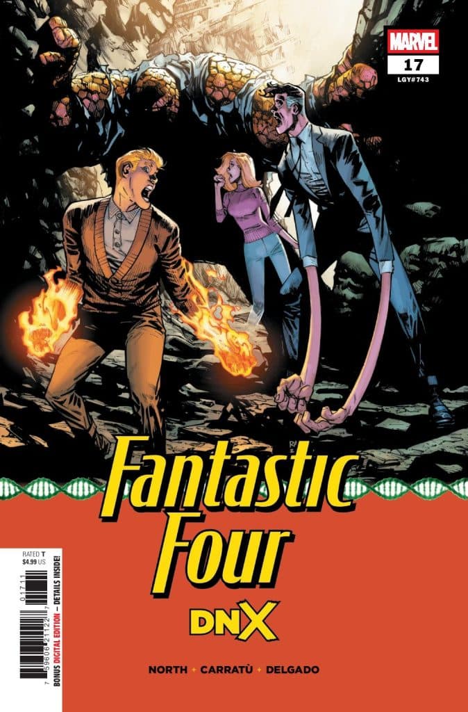 Cover of Fantastic Four #17 featuring characters in a dramatic pose, with one throwing fire and others looking alarmed against a rocky background.