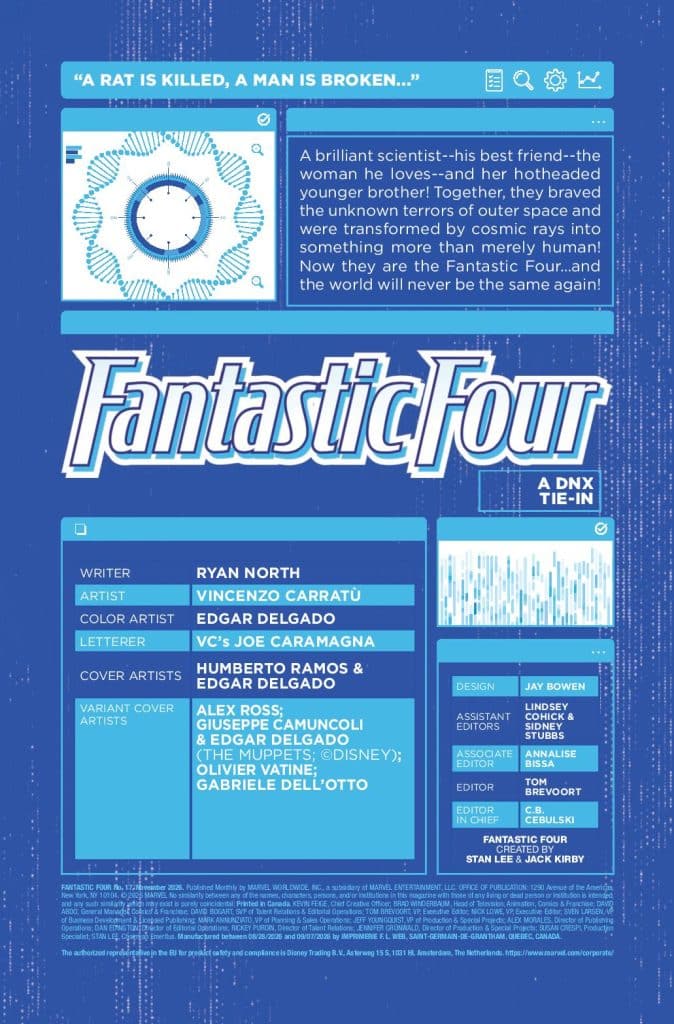 A promotional page for the comic series 'Fantastic Four,' featuring credits for writer Ryan North, artist Vincenzo Carratù, and others, set against a blue background with graphic elements related to the story.