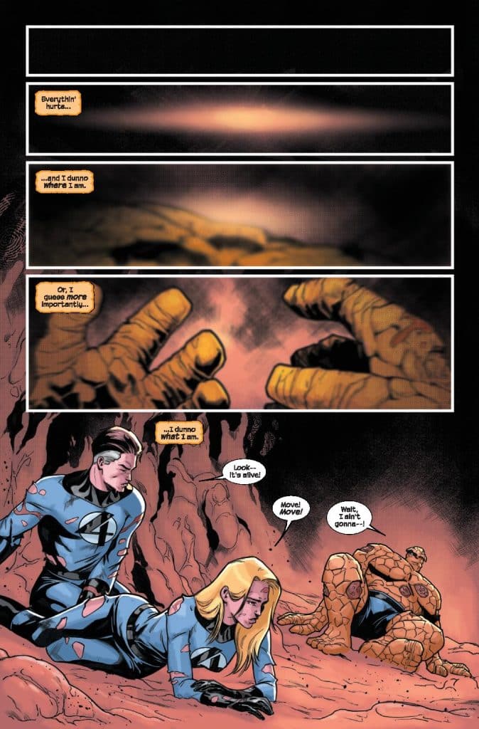 A comic panel featuring three characters in superhero costumes. One character lies on the ground, appearing injured, while another looks worried. A third character, resembling a rocky figure, is moving. The background depicts a dark cavern environment.