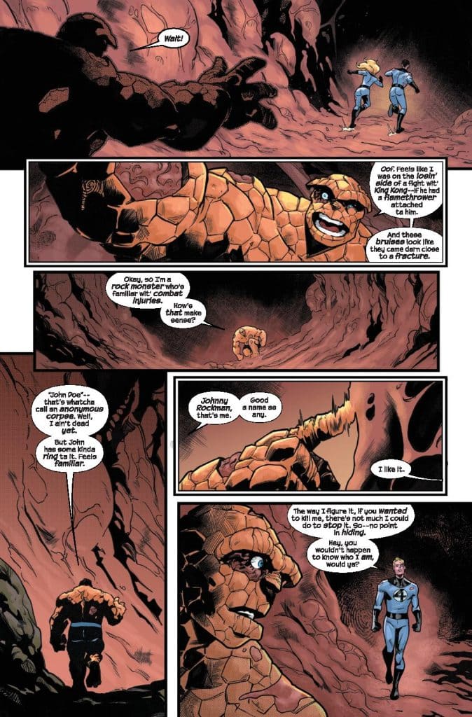 A comic book panel featuring two characters in a rocky cave. One character, made of stone, is humorously discussing combat injuries, while another character, dressed in a blue and white suit, listens. The scene captures a lighthearted conversation amidst a dramatic setting.